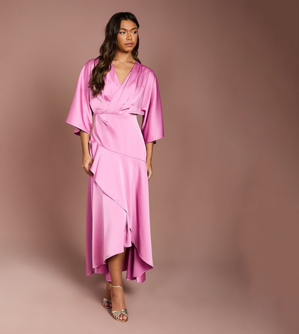 Satin Back Crepe Ruffle Wrap Midi Dress