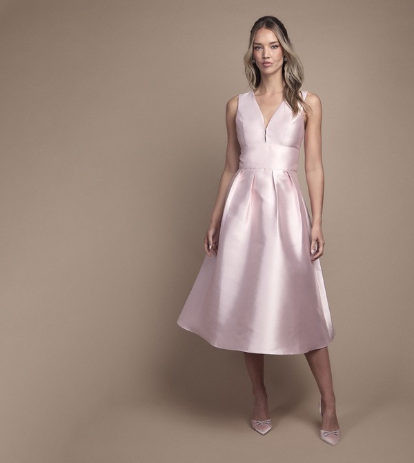 Plunge Neck Structured Twill Midi Bridesmaid Dress