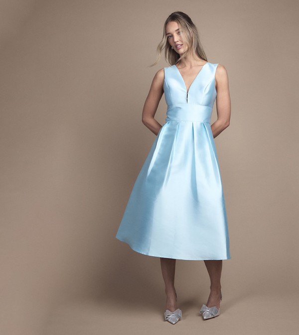 Plunge Neck Structured Twill Midi Bridesmaid Dress