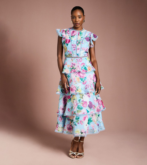 Printed Lace Trim Tiered Organza Midi Dress