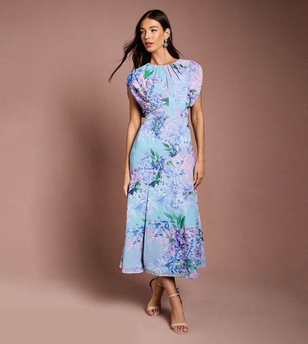 Floral Chiffon Extended Sleeves Midi Dress