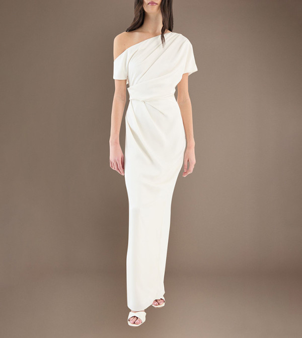 Satin Ruched Detail Off Shoulder Maxi Wedding Dress