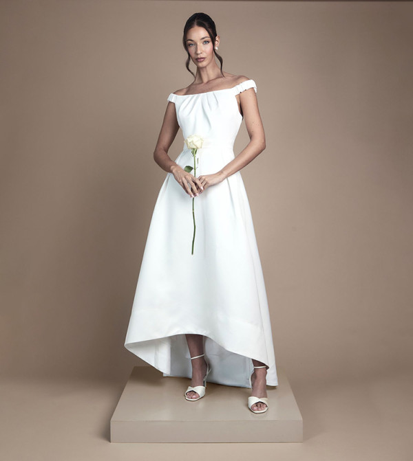 Bardot Fit and Flare Hi Low Hem Maxi Wedding Dress