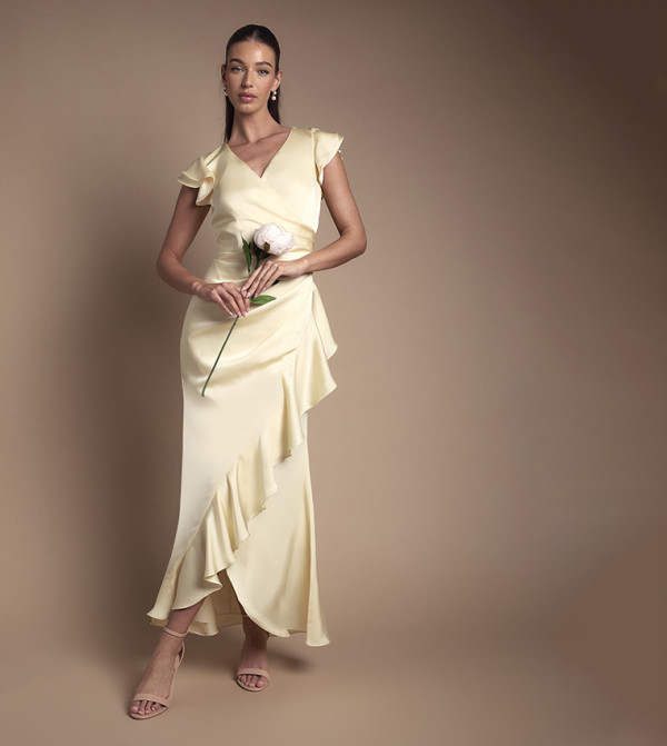 Wrap Front Frill Hem Cap Sleeves Maxi Bridesmaid Dress