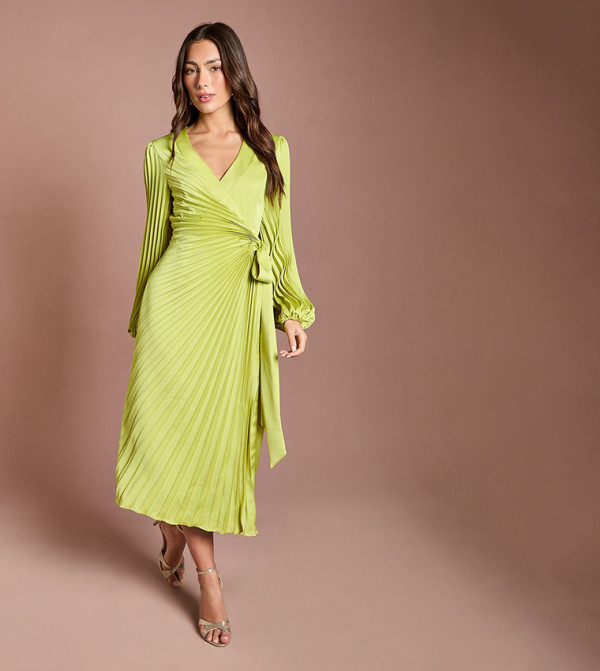 Satin Pleated Wrap Midi Dress
