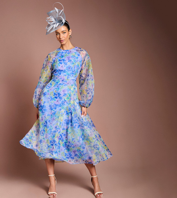 Organza Wrap Waist Puff Sleeves Midi Dress