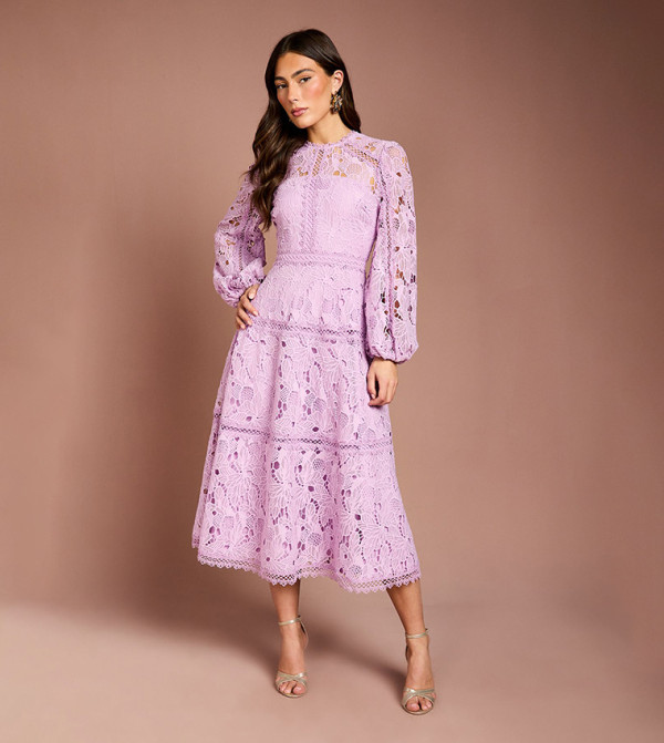 Lace Panelled Long Sleeves Midi Dress