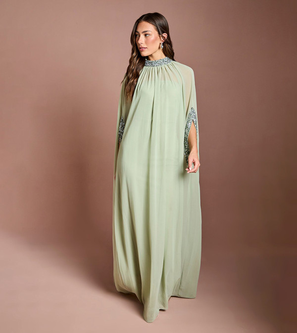 Chiffon Cape Style Sequin Maxi Dress