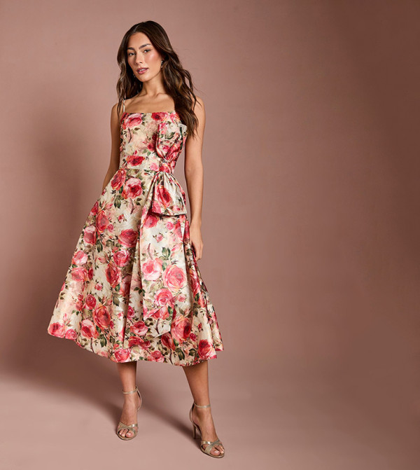 Printed Strappy Bow Detail Midi Dress