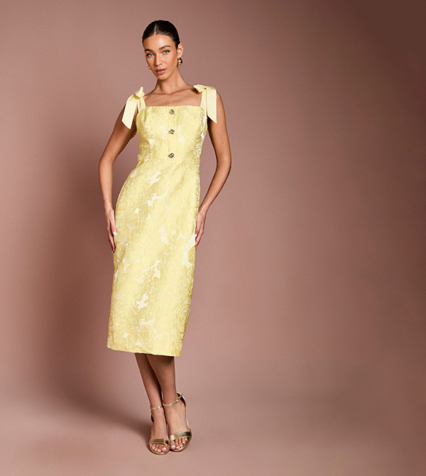 Jacquard Tie Shoulder Button Detail Pencil Midi Dress