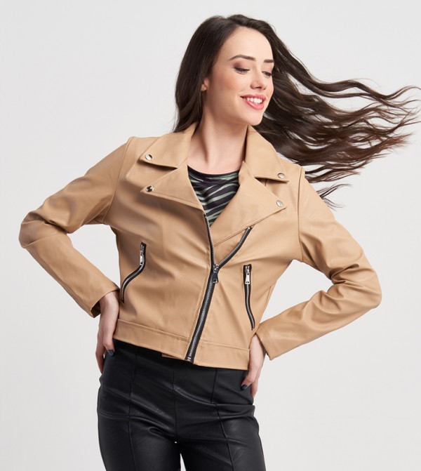 Collared Zip Pocket Detail Biker Jacket