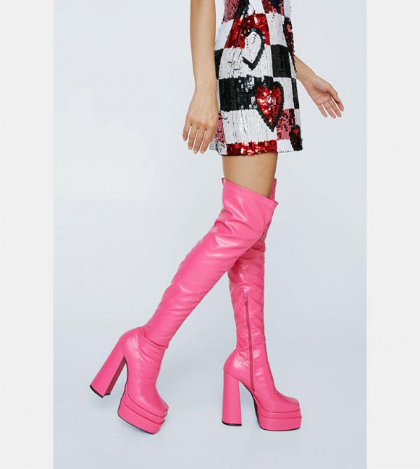 Buy Nasty Gal Faux Leather Platform Thigh High Sock Boots In Hot