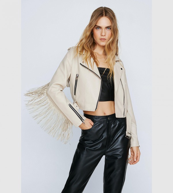 Buy Nasty Gal Faux Leather Crop Fringe Biker Jacket In Cream 6thStreet Qatar