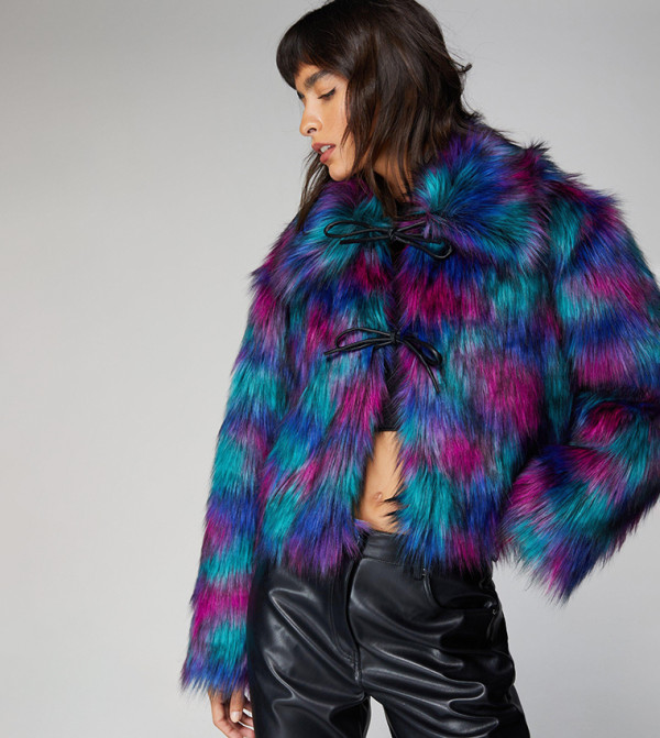 Buy Nasty Gal Premium Multicolor Faux Fur Tie Detail Coat In Multiple ...