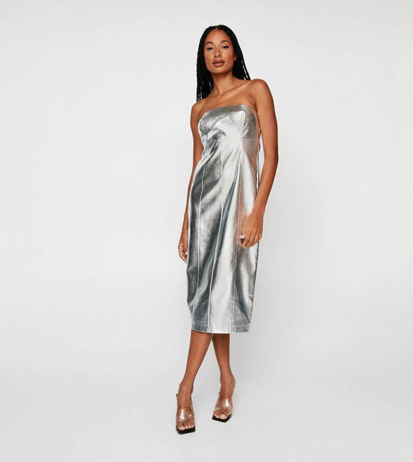 KAREN MILLEN Petite Tailored Metallic Strapless Mini Dress in Silver