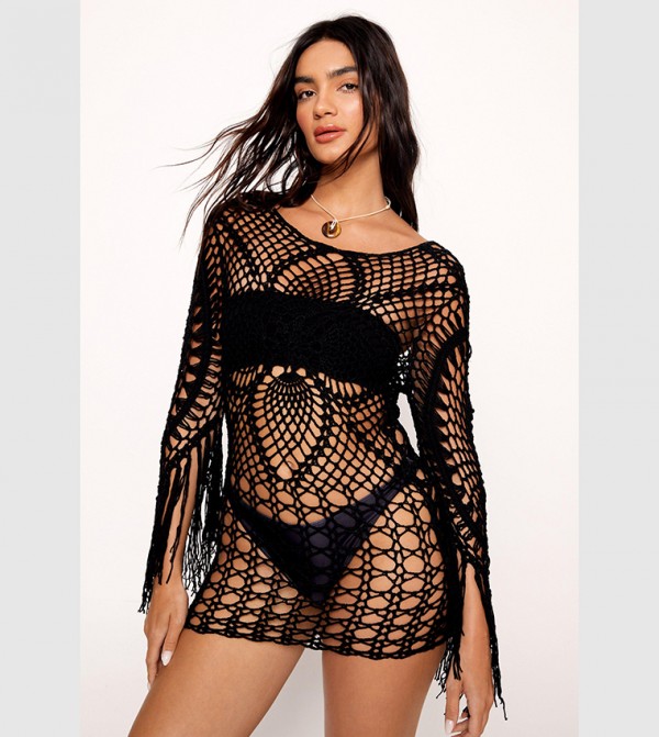 Shiny Fishnet Open Back Mini Beach Dress