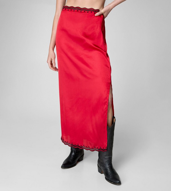 Scallop Cut Work Lace Trim Midi Skirt