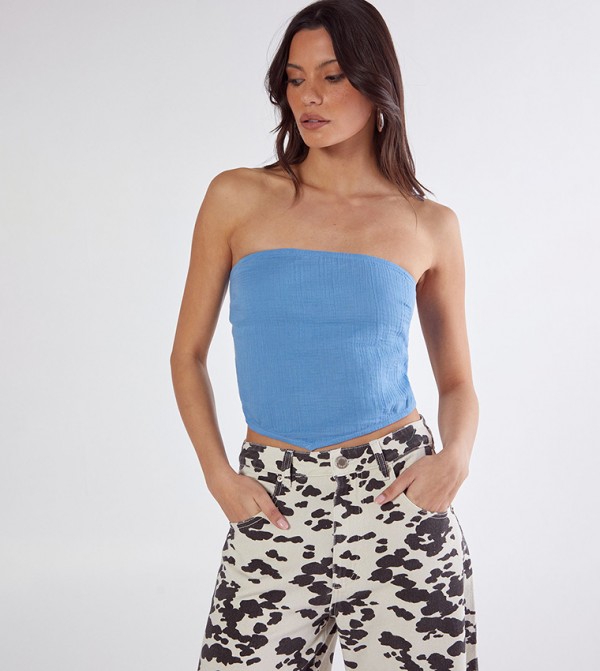 Textured Hanky Hem Strapless Tie Back Top