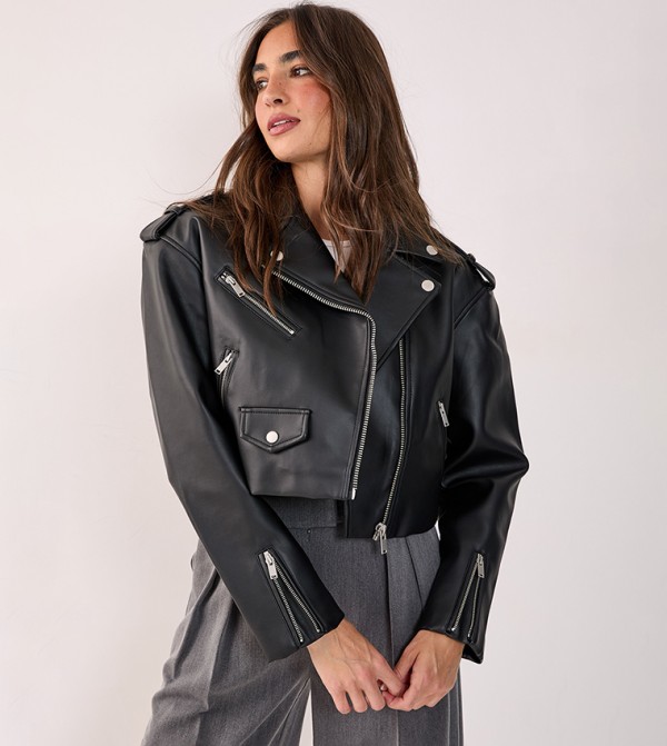 جاكيت بايكر قصير جلد صناعي 