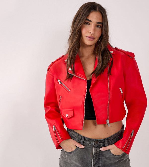 Essentials Faux Leather Boxy Fit Crop Biker Jacket