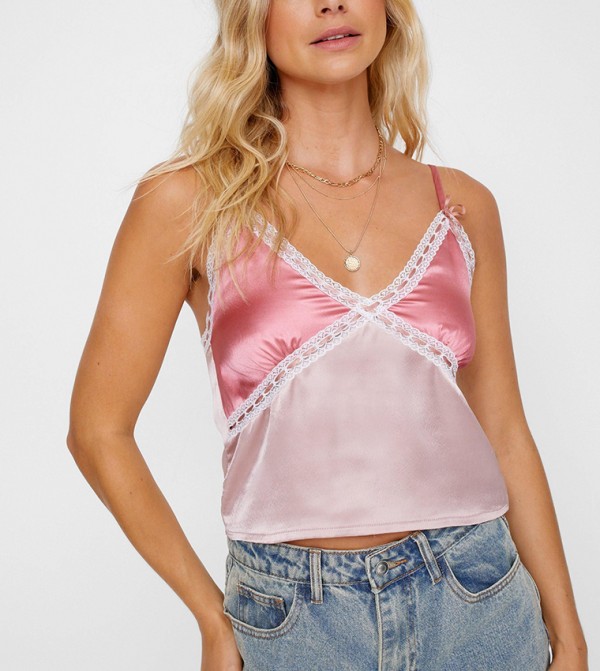 Ribbon Trim Satin Cami Crop Top