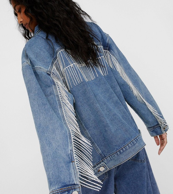 Diamante Fringe Trim Denim Jacket