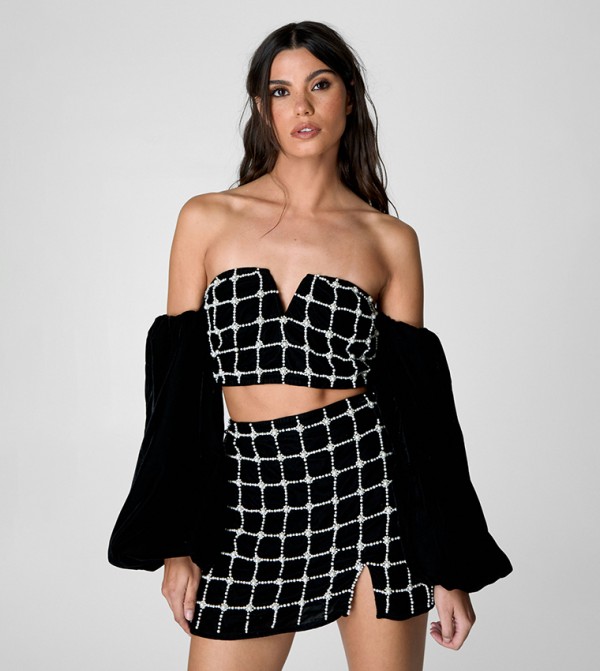 Pearl Embellished Velvet Bardot Top