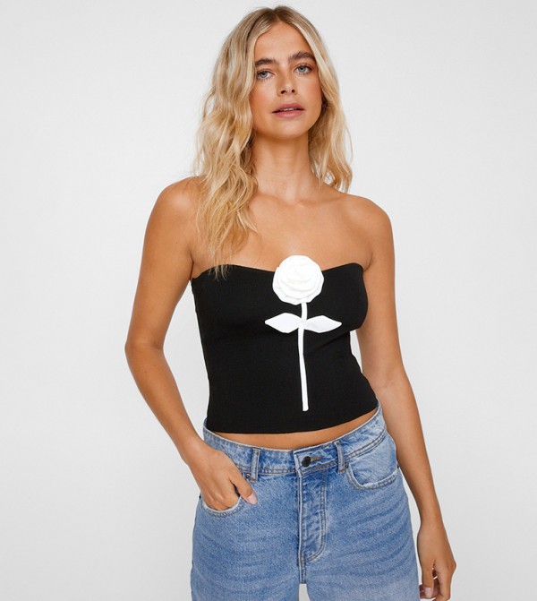Rose Appliqued Knitted Bandeau Top