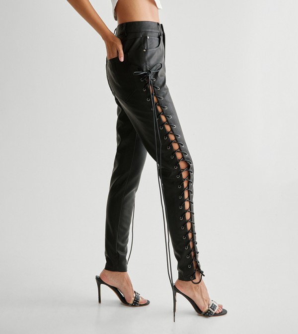 Eyelet Detail Faux Leather Trousers