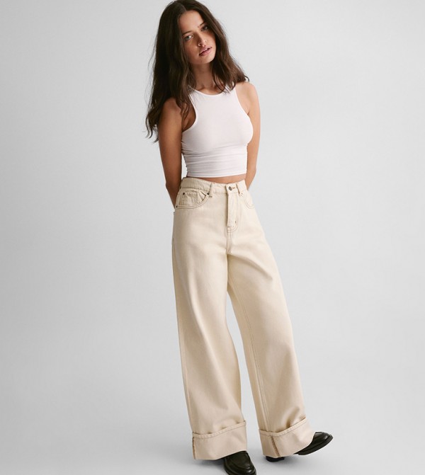 Solid Turn Up Wide Leg Jeans