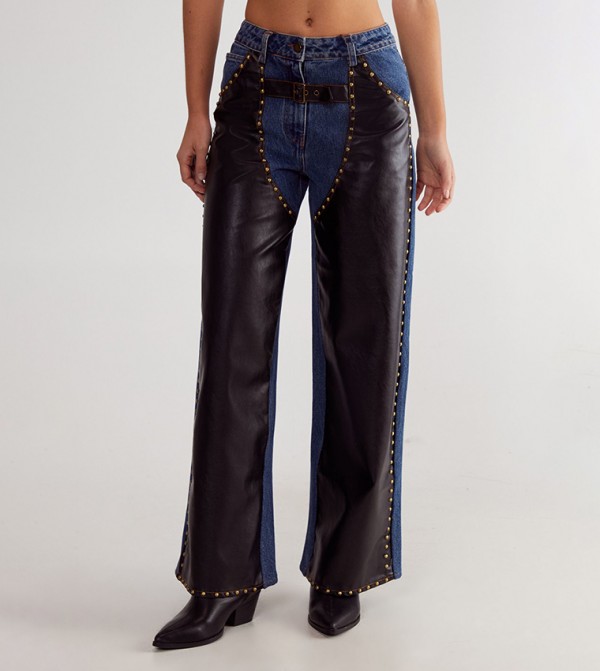 Denim Pu Mix Chap Wide Leg Jeans