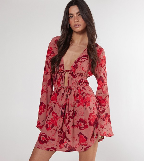 Floral Print Fluted Sleeves Mini Dress