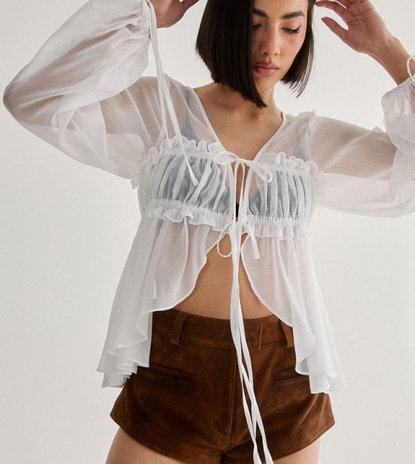 Chiffon Ruched Tie Front Balloon Sleeves Top
