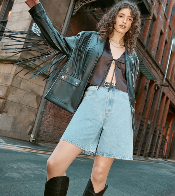Belted Fringe Faux Leather Jacket