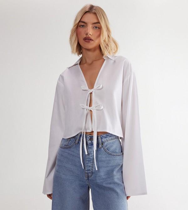 Tie Front Collared Long Sleeves Shirt