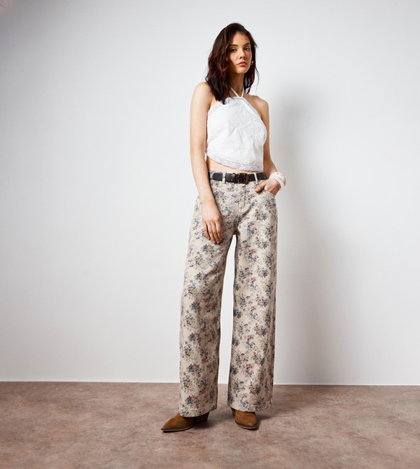 Floral Printed Wide Leg Jeans