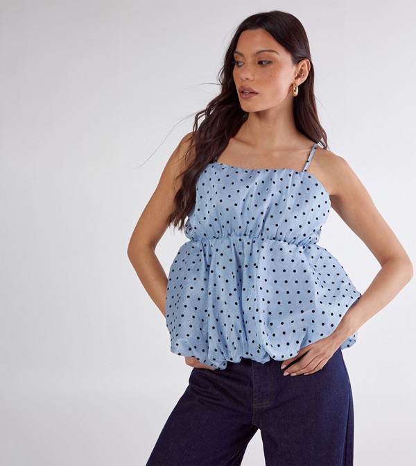 Flocked Polka Dots Bubble Hem Cami Top