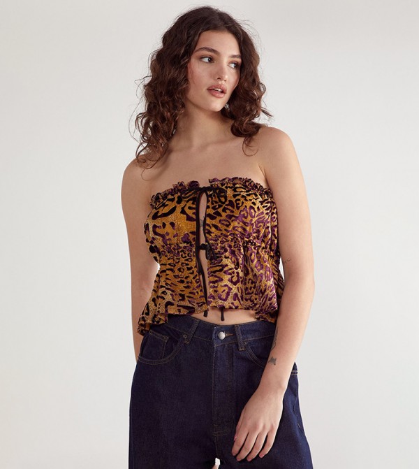 Leopard Printed Devore Contrast Tie Bandeau Top