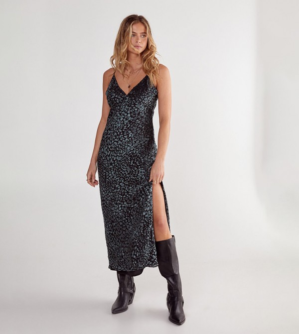 Animal Devore Tie Back Split Leg Maxi Slip Dress