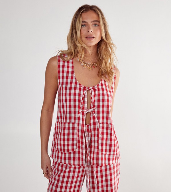 Plaid Tie Front Sleeveless Top