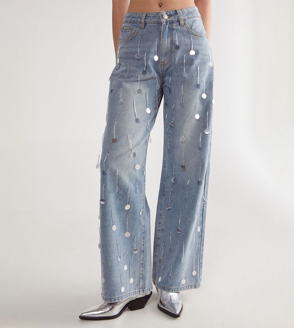 Bead Embellished Wide Leg Jeans