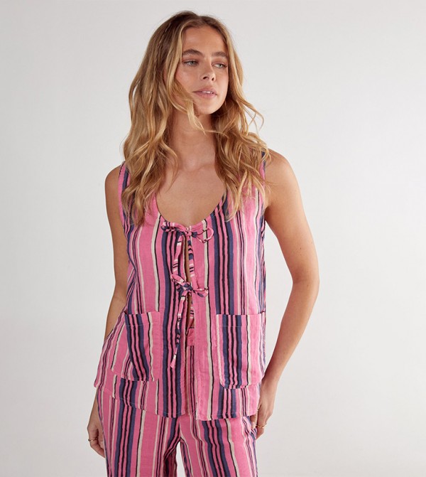 Striped Tie Front Sleeveless Top