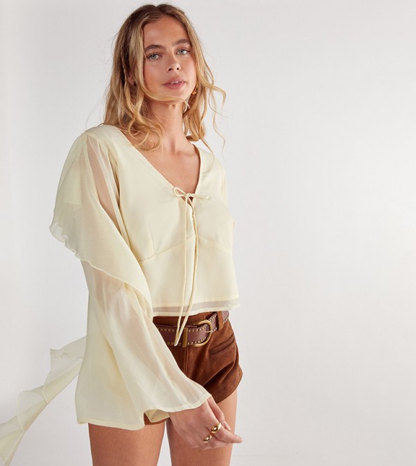Chiffon Ruffle Sleeves Tie Front Top