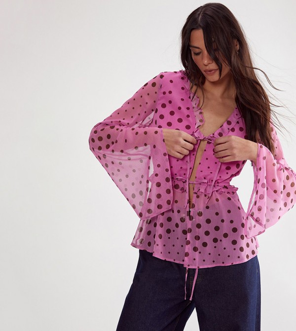 Polka Dot Ruffle Tie Front Fluted Sleeves Top
