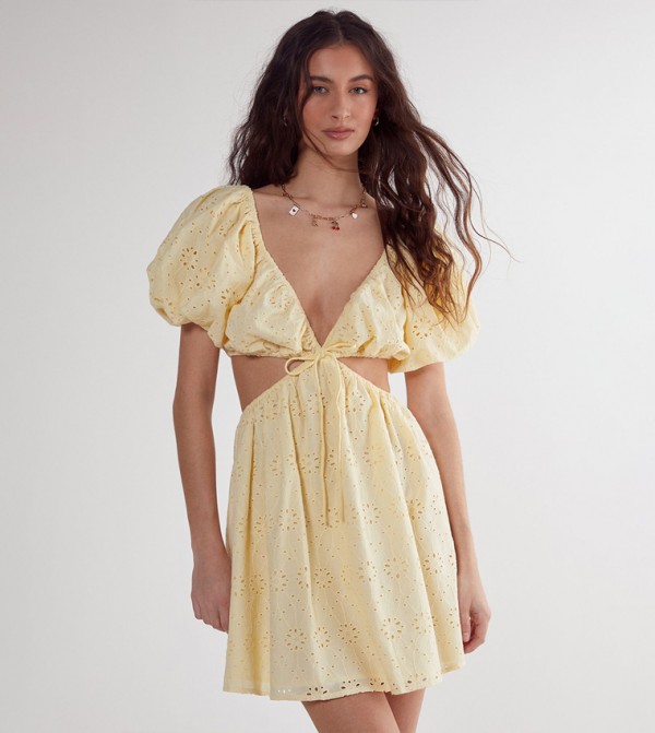 Broderie Cut Out Tie Front Puff Sleeves Skater Dress