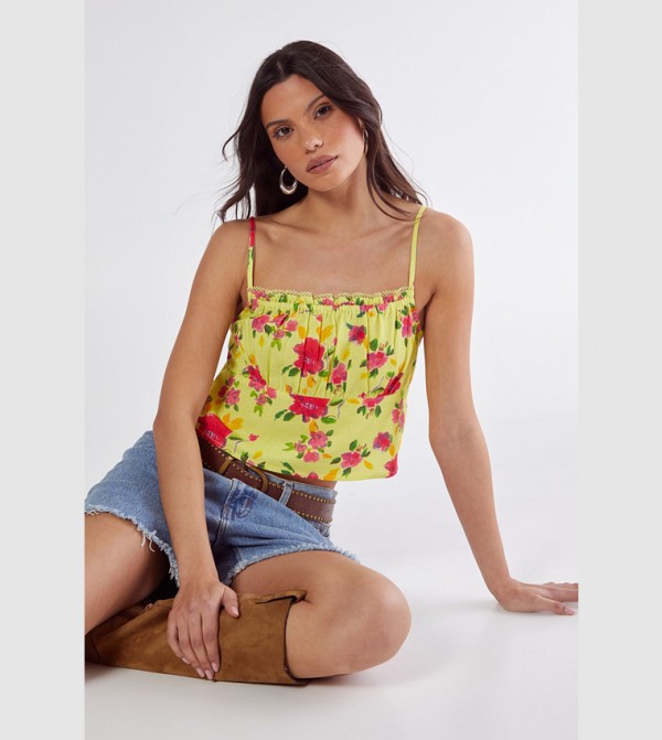 Floral Linen Mix Lace Trim Soft Corset Top