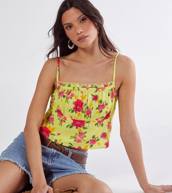 Floral Printed Lace Trim Cami Top