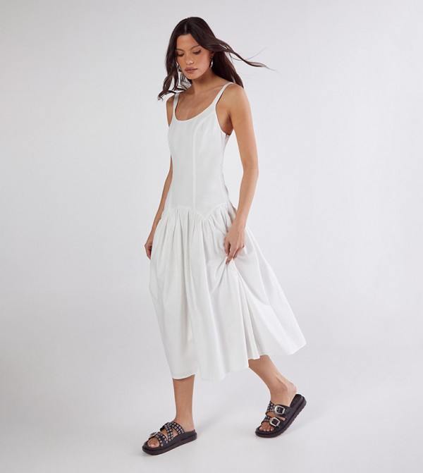 Linen Mix Drop Waist Seamed Midi Dress