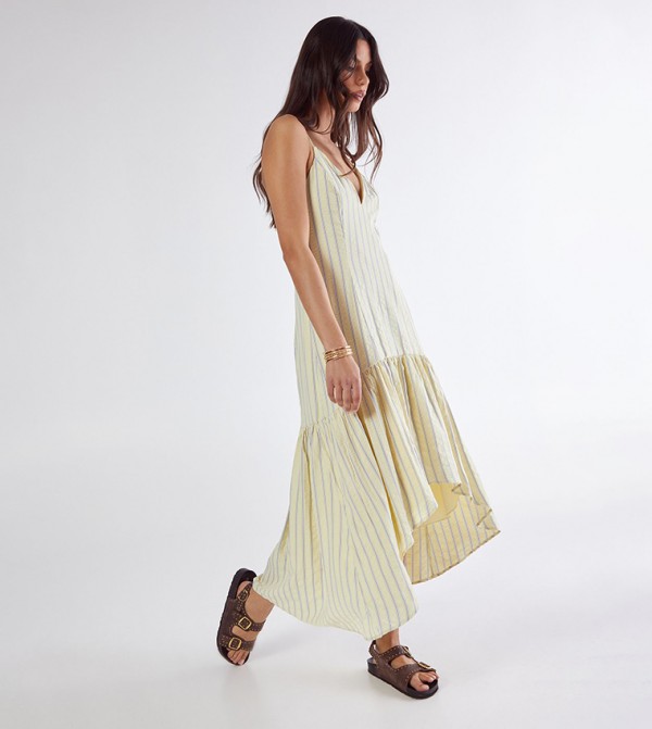 Striped Dipped Hem Strappy Maxi Dress