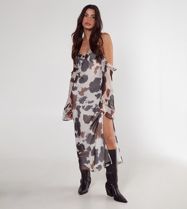 Cow Chiffon Cold Shoulder Bias Cut Split Maxi Dress